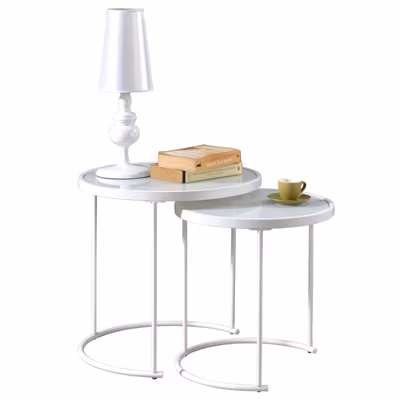 Lot de 2 tables d&rsquo;appoint gigognes LEYRE, plateau rond en verre blanc et cadre en métal blanc