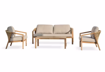 Salon bas de jardin 5 pl en aluminium imitation bois, coussins