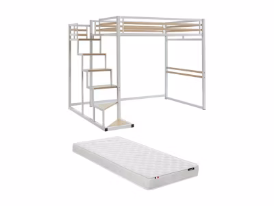 Lit mezzanine 140 x 200 cm – Métal et MDF – Blanc + Matelas – JOGUI