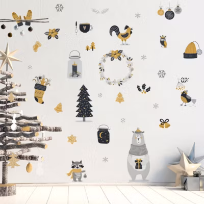 Sticker Noël animaux scandinave – Autocollants stickers adhésifs noël – décoration fêtes – 20x25cm
