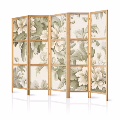 Paravent japonais – Fleurs rétro vintage aux couleurs délicates crème et vert