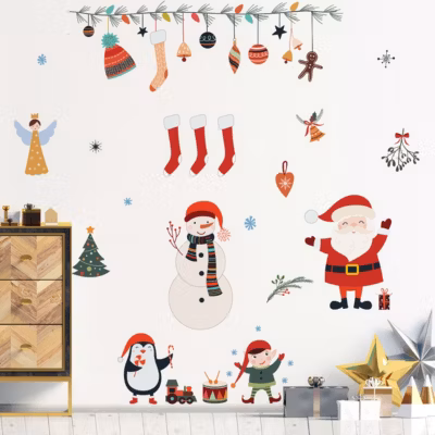 Sticker Noël père noël et éléments de noël – Autocollants stickers adhésifs noël – décoration fêtes – 20x25cm