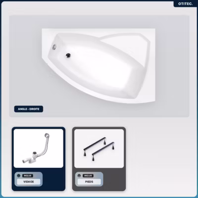 Baignoire asymétrique – 150 x 95 cm – Droite – sans Habillage – avec Pieds – Vidage Chrome – RIMA