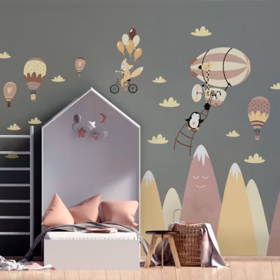 Stickers montagnes scandinaves animaux dans le ciel 70 x 105 cm