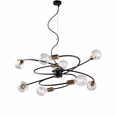 Suspension Vortex noire, finitions laiton brossé, câble acier orientable, 8 lumières d.70 cm, style industriel