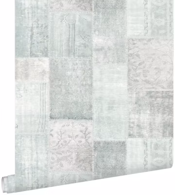 ESTAhome papier peint tapis patchwork kilim oriental vert menthe pastel clair grisé 53 cm x 10.05 m
