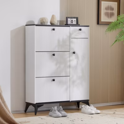 Meuble à chaussures – Basculant avec 3 Abattants, avec Tiroir et Porte Latérale, Meuble d&rsquo;entrée Compact – Blanc – 121x90x25 cm