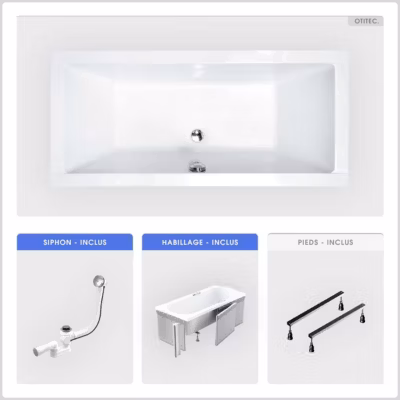 Baignoire rectangulaire – 170 x 75 cm – avec Habillage – Pieds – Vidage Chrome – QUADRO