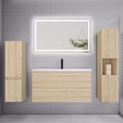 Ensemble meuble de salle de bains 100cm, vasque et colonne et LED miroir,chêne