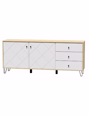 Bahut à 2 portes et 3 tiroirs BILBAO coloris chêne et blanc mat 183,4 cm