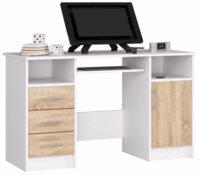 Bureau d&rsquo;ordinateur AKORD ANA Blanc 124 cm 1 porte 3 tiroirs façade Chêne Sonoma 5 étagères 124x52x74 cm