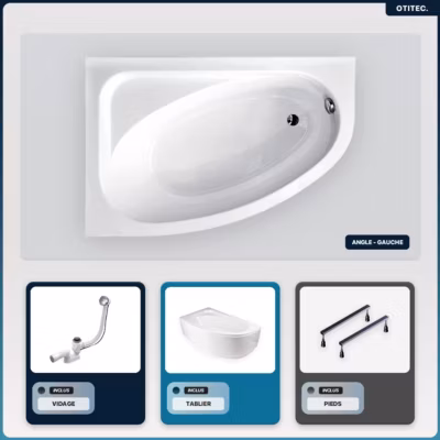 Baignoire asymétrique – 150 x 100 cm – Gauche – avec Tablier Blanc – Pieds – Vidage Chrome – CORNEA