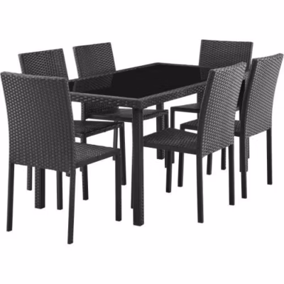 Ensemble repas de jardin – plateau en verre trempé et 6 chaises en résine tressée noir – Table 160x80x73 cm – Chaise : 44x54x