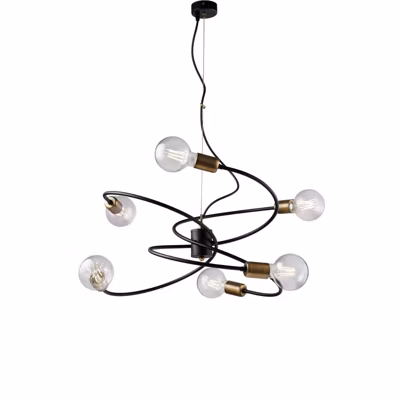 Suspension Vortex noire, finitions laiton brossé, câble acier orientable, 6 lumières d.55 cm, look élégant