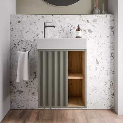 Meuble vasque Vert Jade mat de salle de bain 55x24x59cm (LxPxH) 1 porte à gauche + 2 cases rangement – BELDIVO