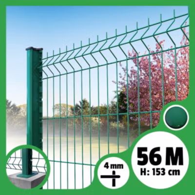 Kit grillage rigide poteaux H – longueur 56 mètres – 153 cm, Vert, A visser sur platines