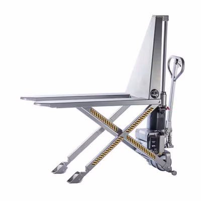 Transpalette haute levée électrique en inox 304 – Fourches 1200x560mm – Anticorrosion – Agroalimentaire, cantines collectives, etc