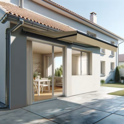 Store banne monobloc ESPAI 4,00×3,00m (Motorisé à télécommande + manœuvre de secours – Ecru – Gris anthracite)
