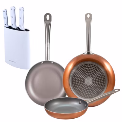 Ensemble de 3 poeles Bergner Optimum Plus 18-22-26 cm avec bloc a couteaux