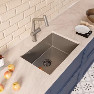 Timeless 55x45x21 cm évier sous plan inox 304 + mitigeur inox avec douchette extractible, gun metal brossé (TMLKSU-5545BGM-M1)