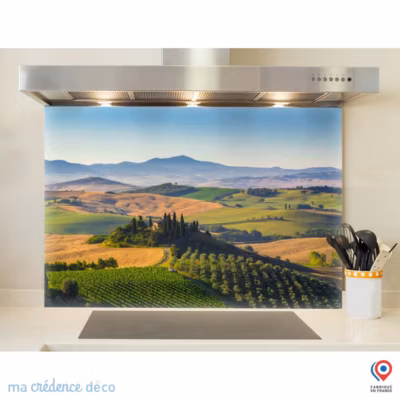 Crédence cuisine fond de hotte Toscane et paysage – Verre trempé – L 90 cm x H 60 cm – MaCrédenceDéco