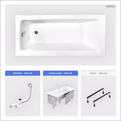Baignoire rectangulaire – 170 x 75 cm – avec Habillage – Pieds – Vidage Chrome – TALIA