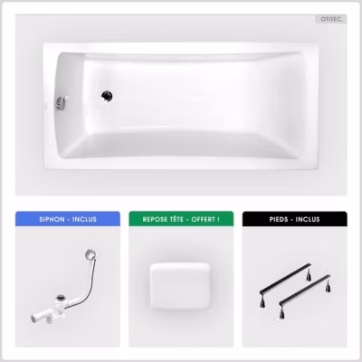 Baignoire rectangulaire – 160 x 70 cm – sans Habillage – avec Pieds – Repose-tête – Vidage Chrome – OPTIMA