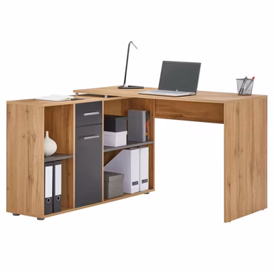 Bureau d&rsquo;angle CARMEN avec meuble de rangement, décor chêne sauvage et béton foncé