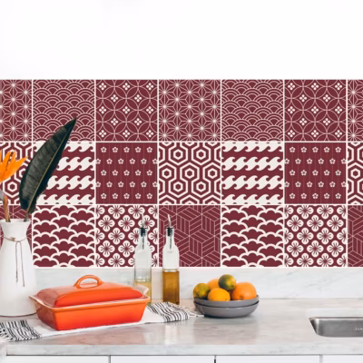 Stickers carrelage carreaux de ciment bordeau 10x10cm – Kit de 24