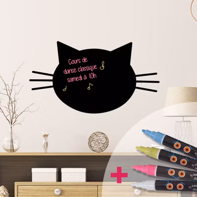 Sticker ardoise tableau noir – stickers muraux adhésif effaçable – TÊTE DE CHAT + 4 CRAIES LIQUIDES – 55x70cm