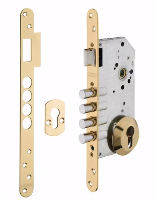 Boitier de serrure encastrable à cylindre pour porte d&rsquo;entrée, axe 60mm, 4 pênes, bouts ronds, laiton – THIRARD