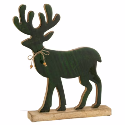 Renne sur socle en bois vert 41x34x6 cm