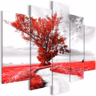 Tableau Tree near the Road (5 Parts) Red 100×50 cm