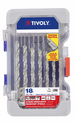 Tivoly – Coffret Ranger 18 forets métaux HSS taillés meulés pointe en croixD 2 à  10mm