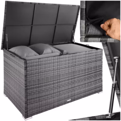 Coffre de jardin caisse de rangement pour coussins 750 l, avec cadre en aluminium et tressage en rotin poignées sur les côtés g