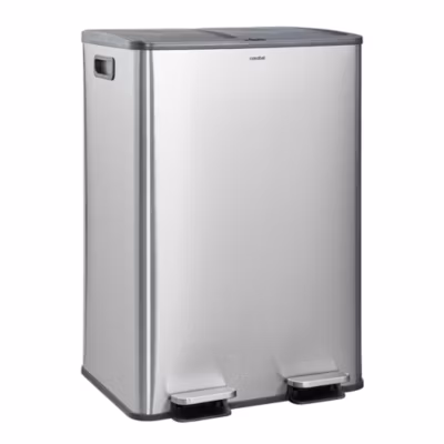 CASABEL Poubelle Tri Selectif 60L, 2x30L Acier INOX CHROME, Double Compartiments, Pedale, Bacs Amovibles, Couvercles Silencieux