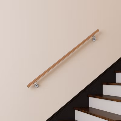 Main courante 150cm, inox 304, Design naturel aspect bois, rampe d&rsquo;escalier ronde, avec 2 supports muraux, intérieur & extérieur