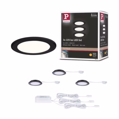 Éclairages encastrés LED pour meubles Kit de 3 rond 65 mm 3×2,5W 3x180lm 230/12V 3000K Noir mat