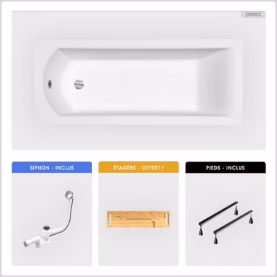 Baignoire rectangulaire – 160 x 70 cm – sans Habillage – avec Pieds – Étagère bambou – Vidage Chrome – SHEA