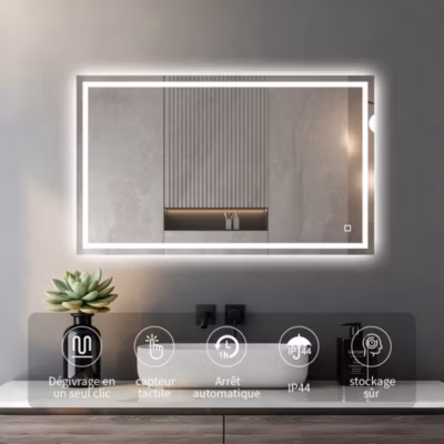 Miroir lumineux 80×60  salle de bain antibuée bouton tactile installation réversible – MonBeauBain