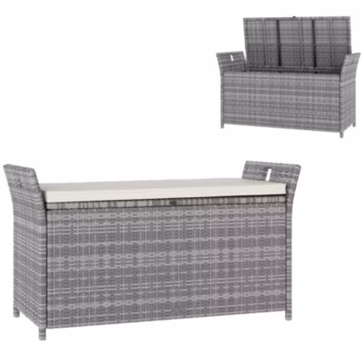Coffre de jardin en résine tressée avec poignées et coussin déhoussable dim. 125 x 55 x 70 cm gris