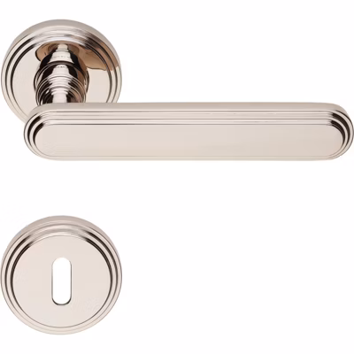 2 poignées rosace ronde, rosace trou de clé L garantie 5 ans, finition nickel poli, pour porte intérieure.
