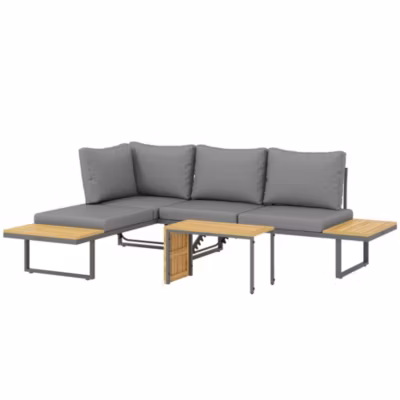 Ensemble salon de jardin 4 places modulable réglable avec table basse acier gris bois d&rsquo;acacia verni