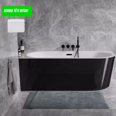 Baignoire d&rsquo;angle Noir et Blanc + Siphon Doré et Vidage inclus + Repose tête  –  AVITA S CLASSE – DROITE – 170 x 75 cm