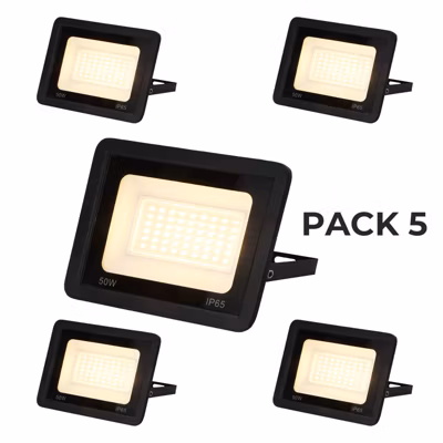 Pack de 5 Projecteur LED Extérieur IP65 Imperméable 50W 4750Lm 3000K Lumière Chaude pour Maison Garage Jardin Terrasse C