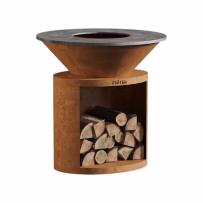Brasero en acier corten ellipse diamètre 100 cm avec plaque de cuisson – FIRTEN