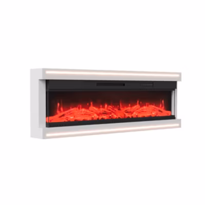 Cheminée électrique murale 60 pouces blanc brillant avec flamme LED 12 couleurs, chauffage 750/1500 W et télécommande