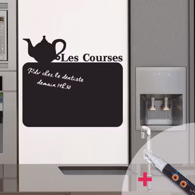 Sticker ardoise tableau noir – stickers muraux adhésif effaçable – CLASSIQUE LES COURSES + CRAIE LIQUIDE BLANCHE – 75x80cm