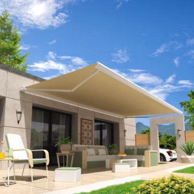 Store banne coffre intégral HEVOA 5,00×3,50 M (Manuel – Armature blanc – Toile écrue)