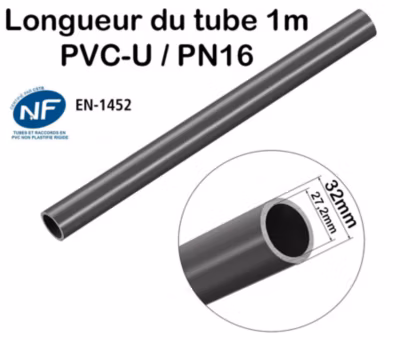 Lot de 2 Barres de 1m de Tuyau Rigide Tube PVC Pression PN16 32mm Longueur 1m diamètre extérieur 3,2cm